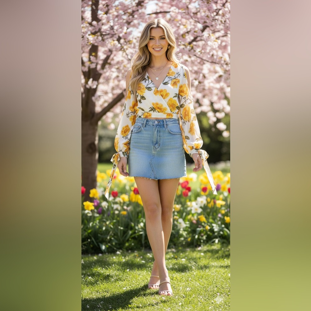 FAVLUX Yellow Floral Wrap Top --women's small